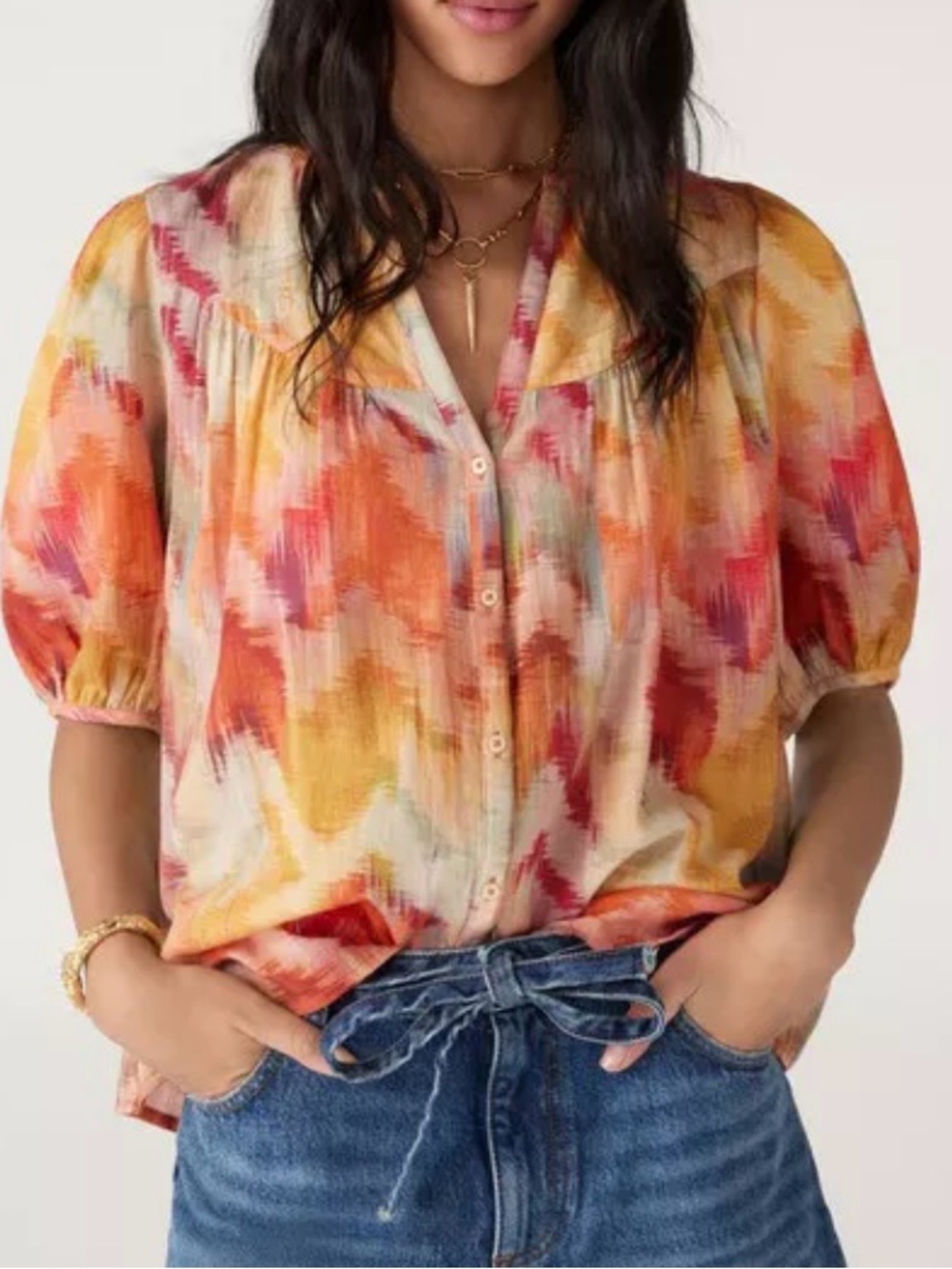 ba&sh Multicolor Brushstroke Button-Front Blouse in Orange, Yellow and Red